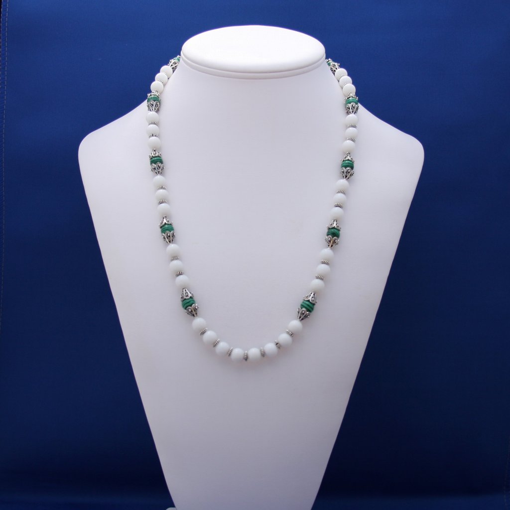 White Agate, Green Malachite, And Bali Silver Necklace